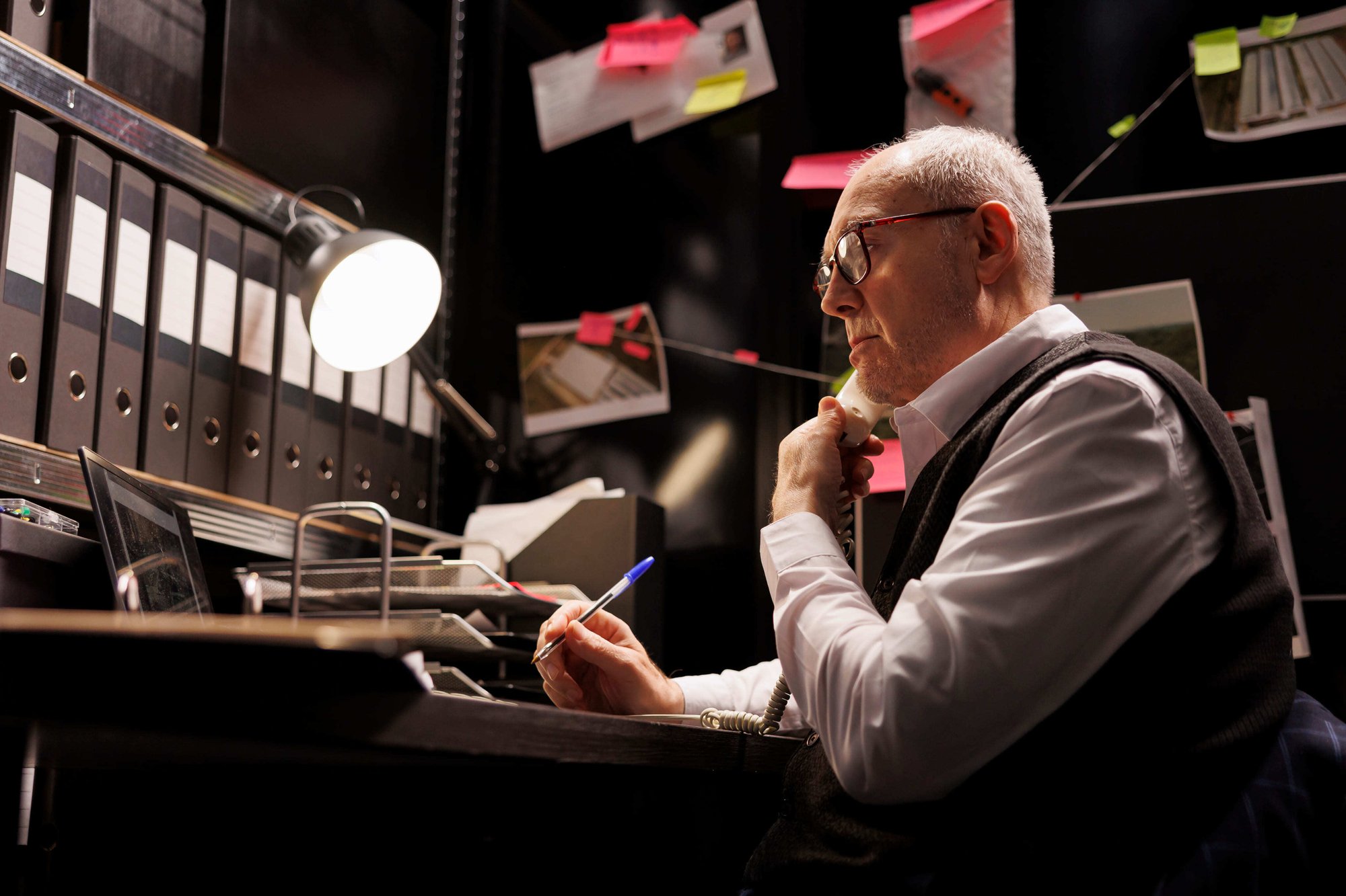 An elderly man with glasses sits in a dimly lit office, holding a pen and speaking on the phone. Surrounding him are documents and colorful sticky notes.