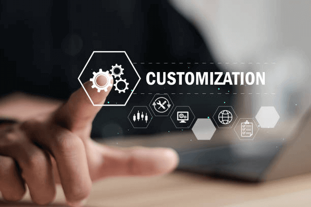 A person touching a virtual interface with the word “Customization,” representing how an LMS for small business to mid-sized business allows flexible, tailored compliance training workflows.