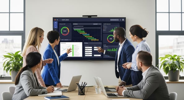 Cross-functional teams collaborating through an integrated compliance platform.