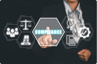 Man in suit pointing at a hexagon labeled "Compliance," surrounded by icons symbolizing people, balance scales, documents, and a checkmark, suggesting legal and regulatory themes.