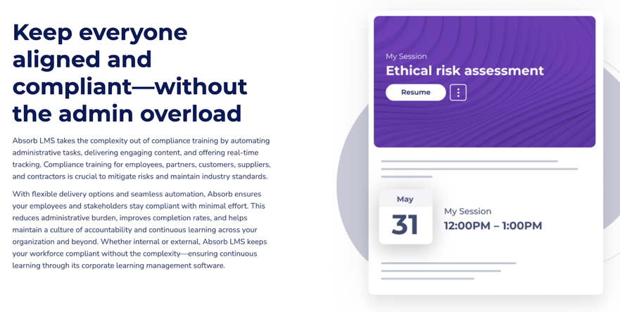 Absorb LMS interface for enterprise-scale training and LMS for small business teams showing automated compliance sessions and scheduling.