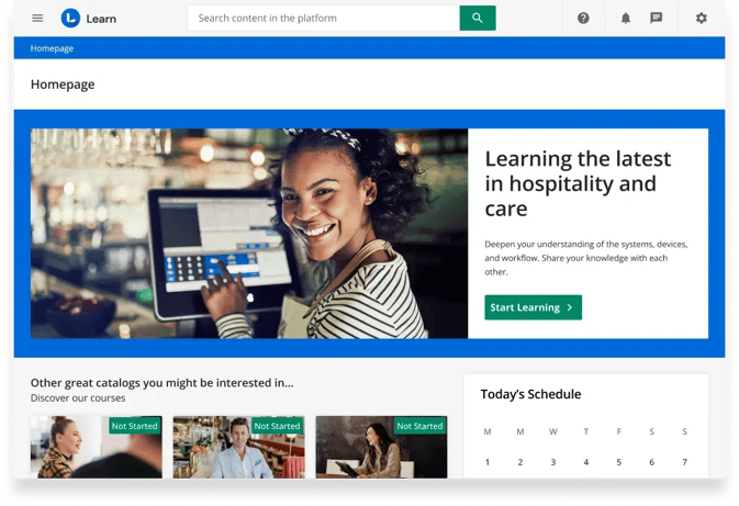 Docebo LMS dashboard showcasing AI-powered learning interface for enterprise teams and LMS for small business training environments.