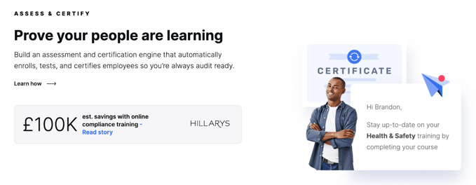 LearnUpon LMS interface showing automated certification and assessment workflows for enterprise teams and an LMS for small business compliance training.